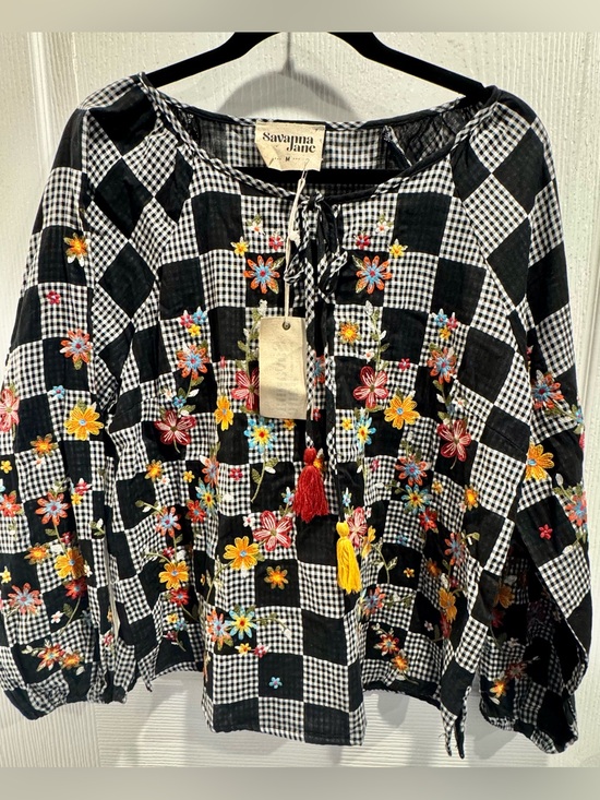 Savanna Jane Tops - NWT Savanna Jane Medium Gingham Floral Embroidered Boho Blouse